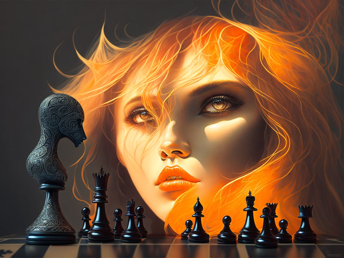 Surreal image of woman's face merging with flowing hair and chess pieces under strategic lighting