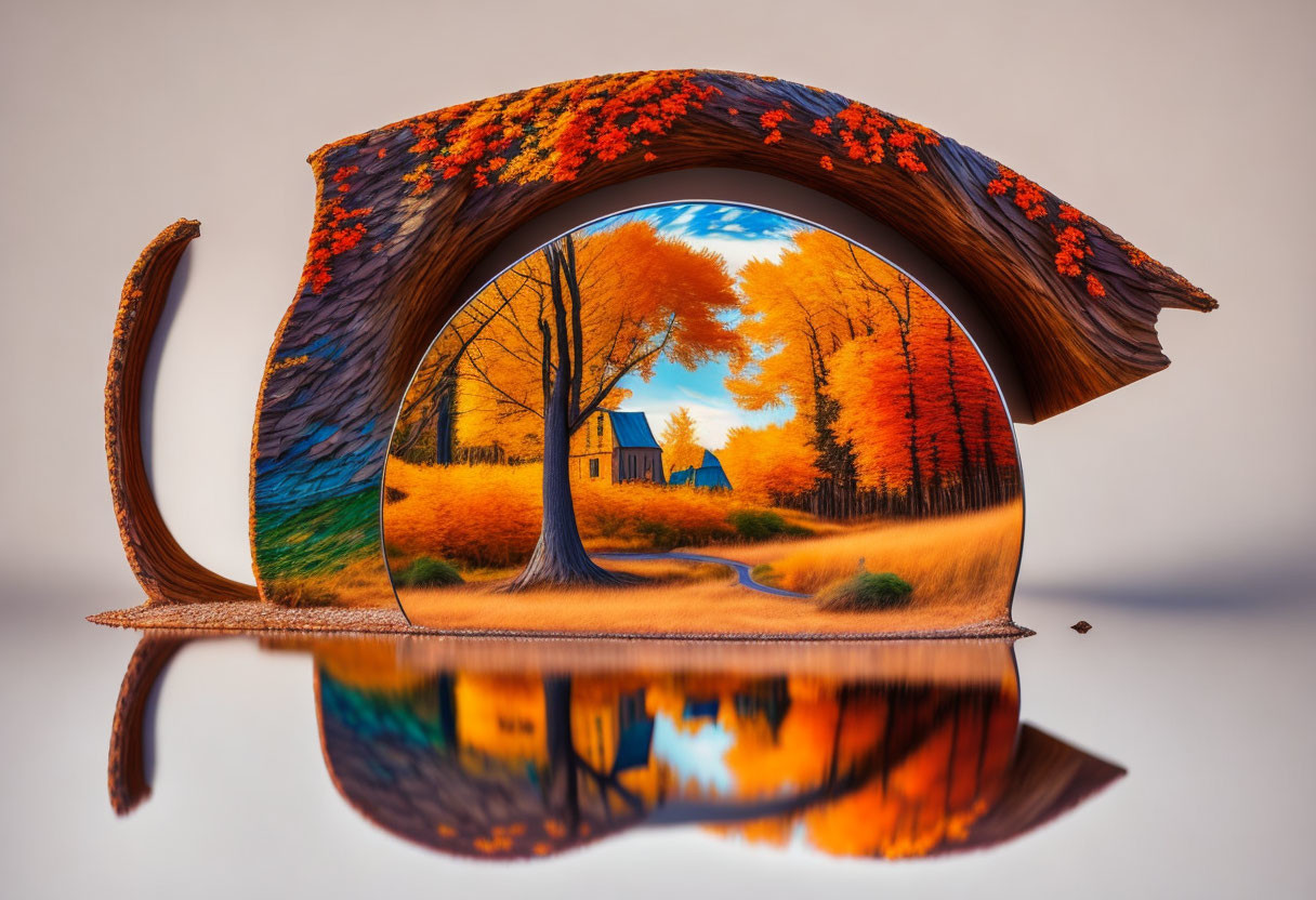 Leaf-shaped portal with autumnal landscape reflected on water surface