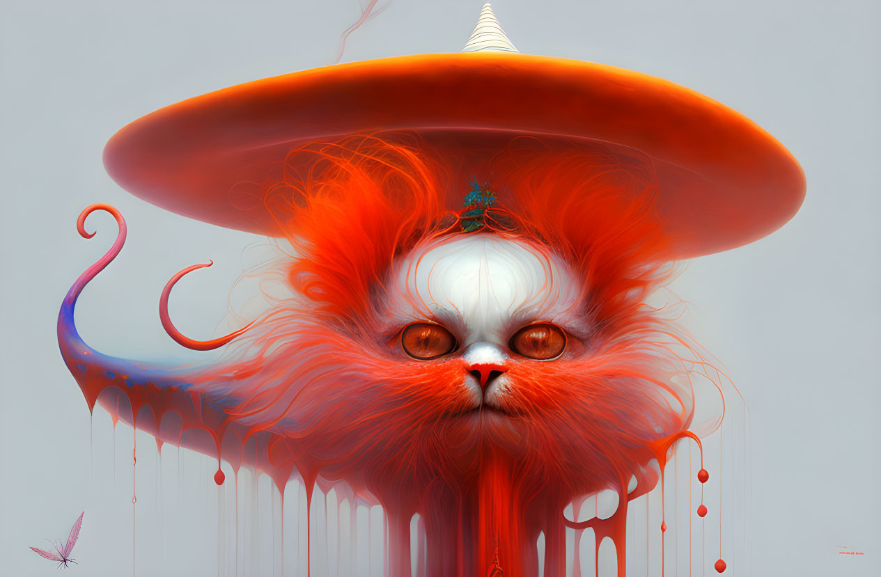 Surreal illustration of cat with red mane, large eyes, tendrils, and melting orange hat