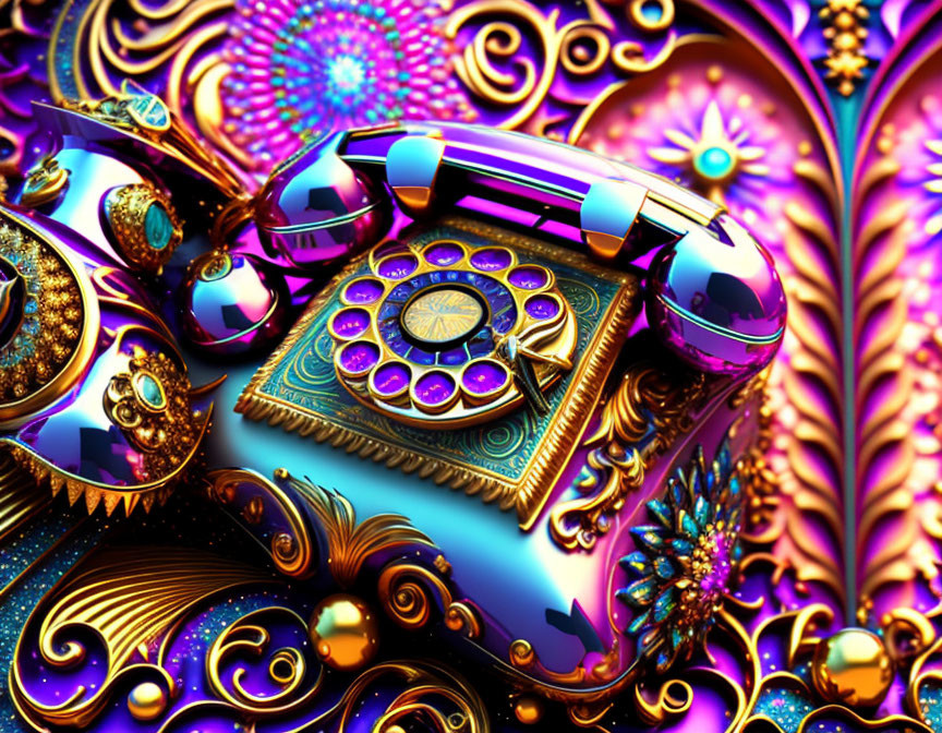 Detailed image of ornate rotary telephone with gold accents & psychedelic colors