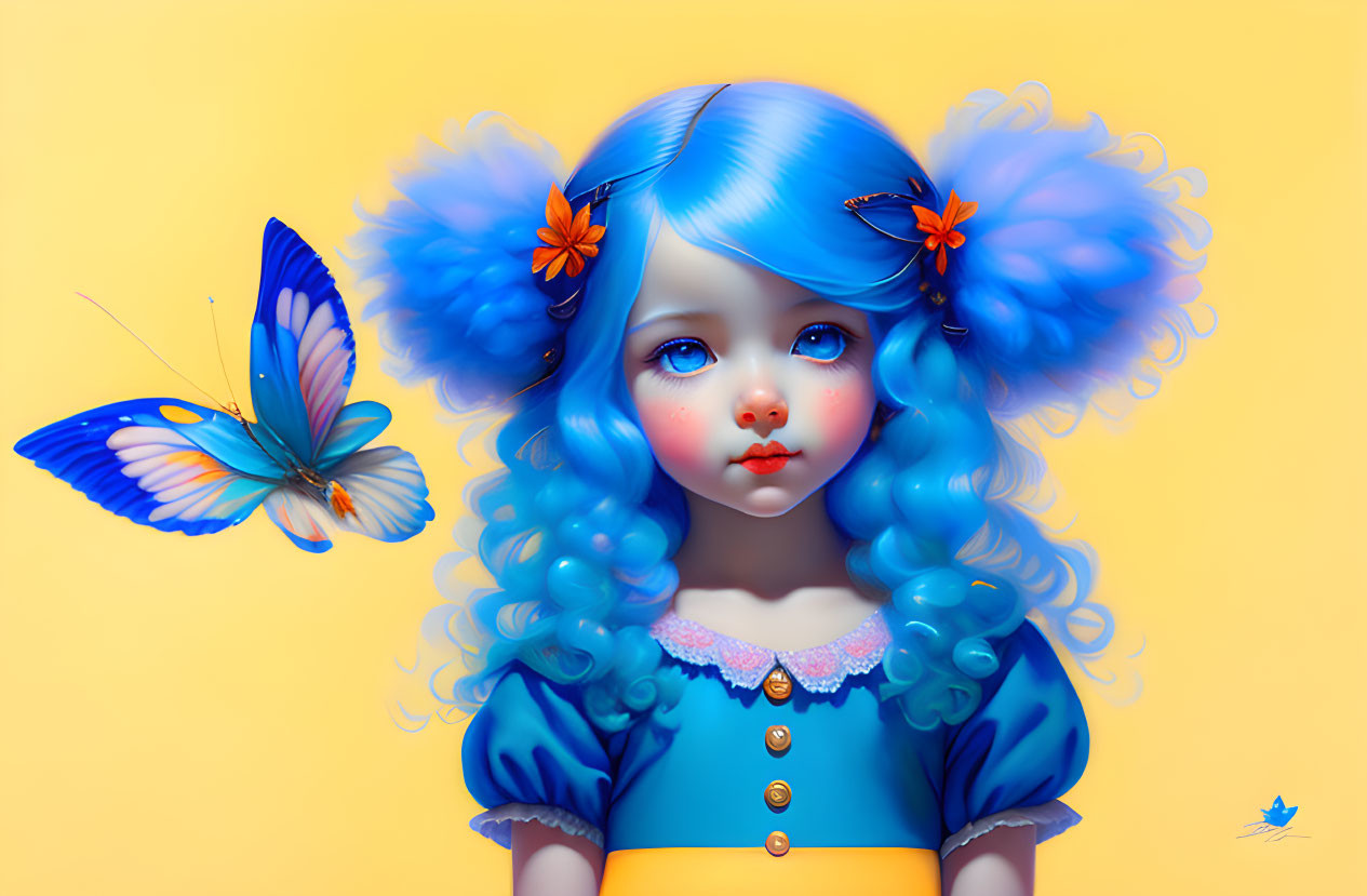 Colorful illustration of girl with blue curly hair, blue dress, and orange flowers, with butterfly.