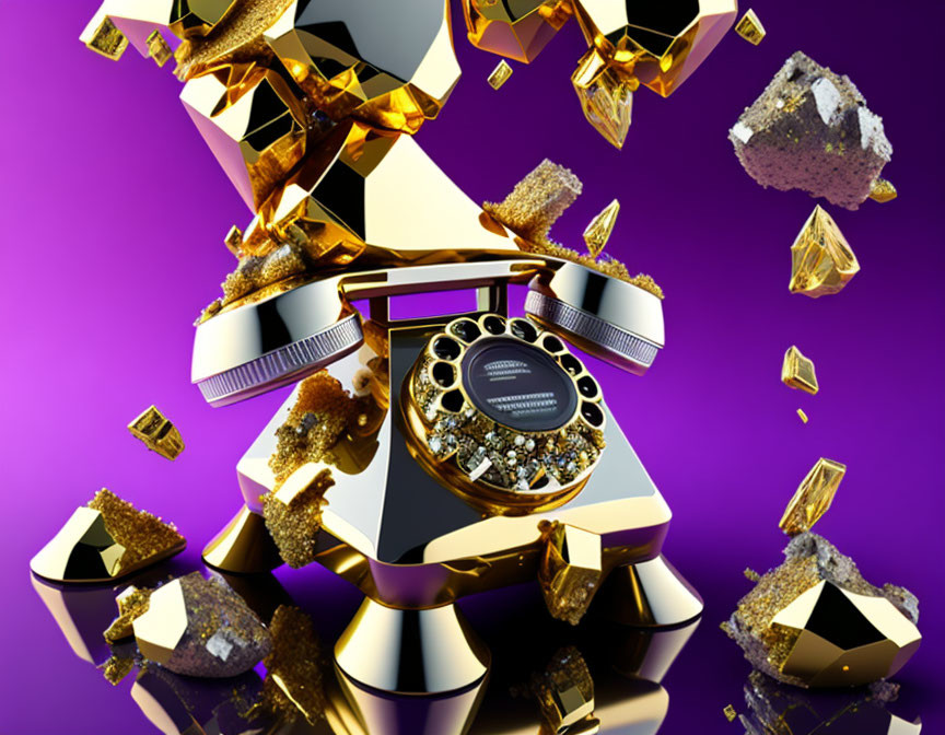 Luxurious Gold-Themed Watch Ad with Exploding Geometric Shapes on Purple Background