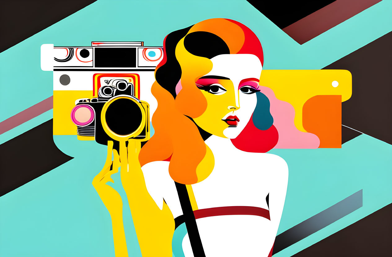 Vibrant artwork featuring woman with multicolored hair and camera on geometric backdrop