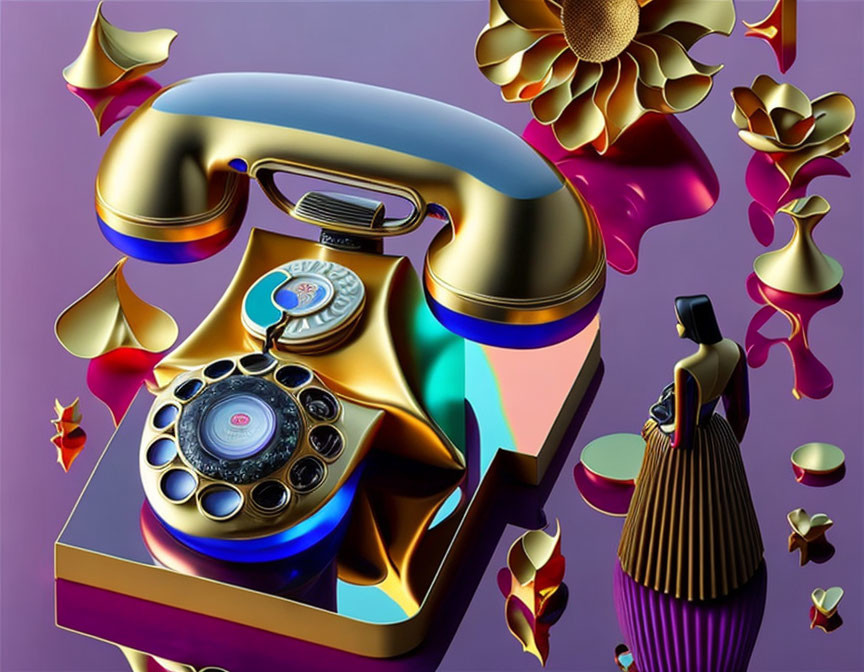 Surreal artwork: Golden rotary phone with floating pieces and small figure on purple background