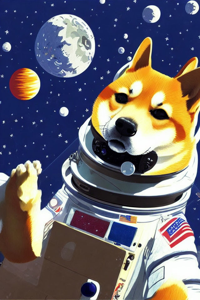 Shiba Inu Dog in Astronaut Suit Floating in Space