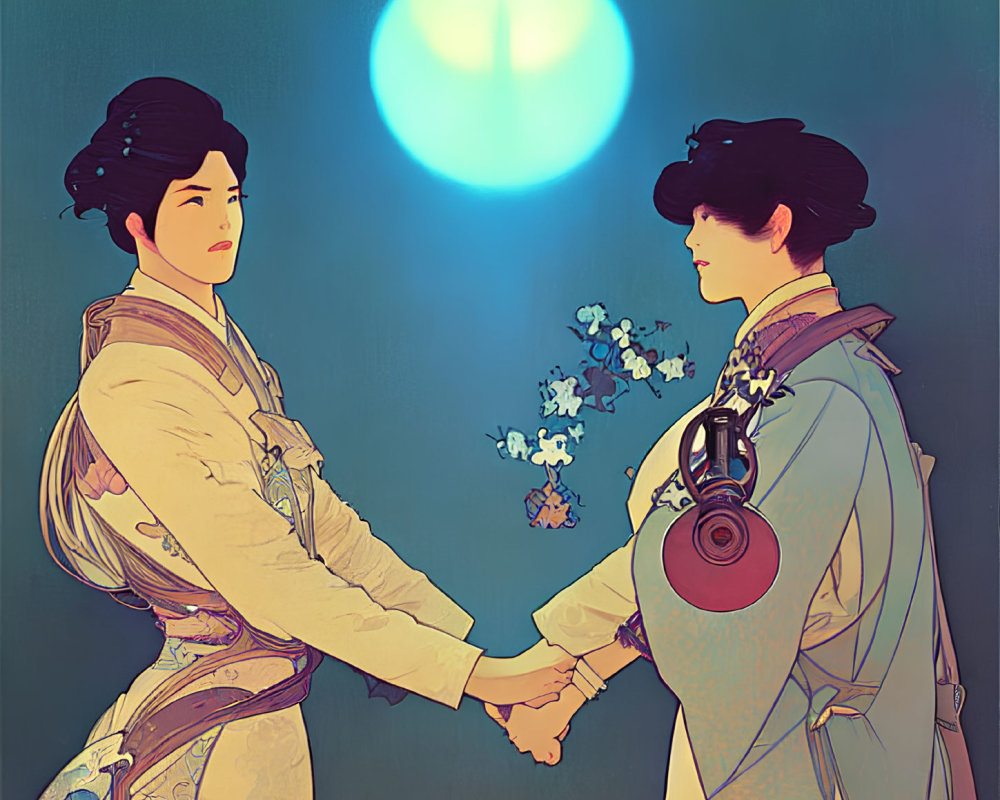 Asian Attire Illustration: Two Figures Holding Hands Under Lightbulb