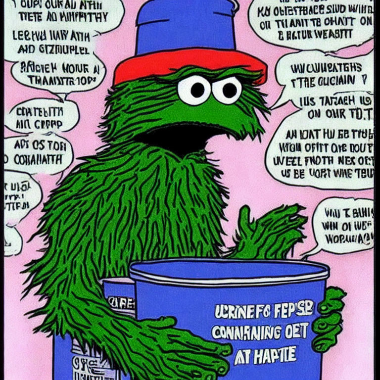 Oscar the Grouch Illustration in Trash Can with Scowl