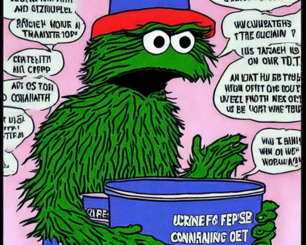 Oscar the Grouch Illustration in Trash Can with Scowl