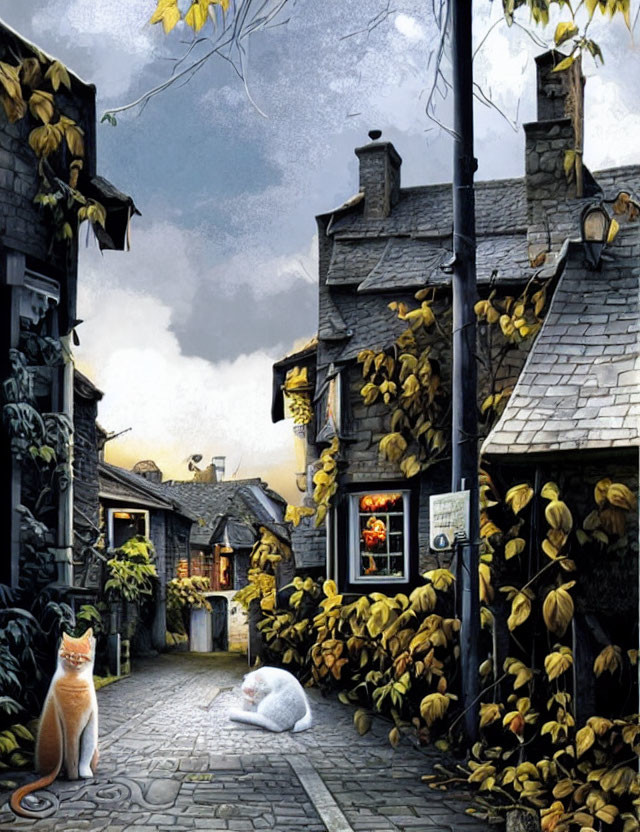 Traditional stone houses with yellow ivy in cobblestone alley at twilight