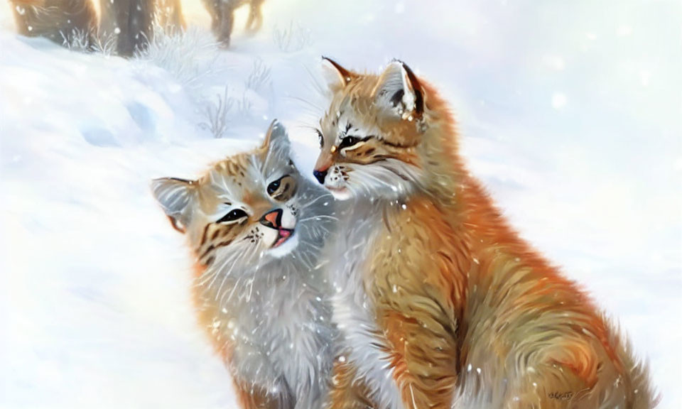 Two Cats Snuggling in Snowy Landscape