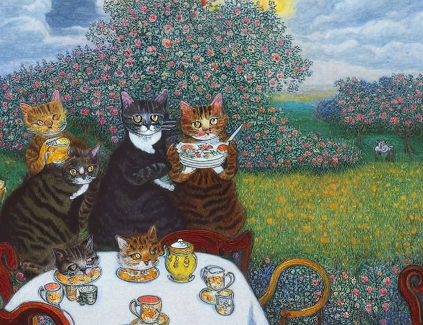 Anthropomorphic Cats Tea Party in Blooming Garden