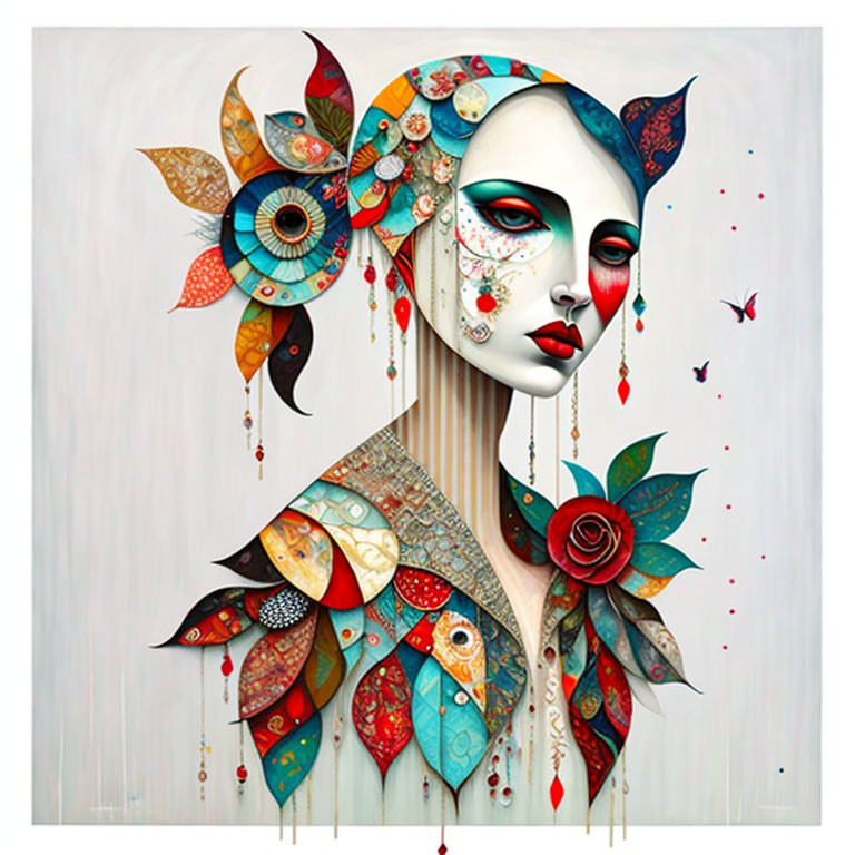 Colorful surrealistic artwork: woman's face with feathers, florals, and abstract shapes