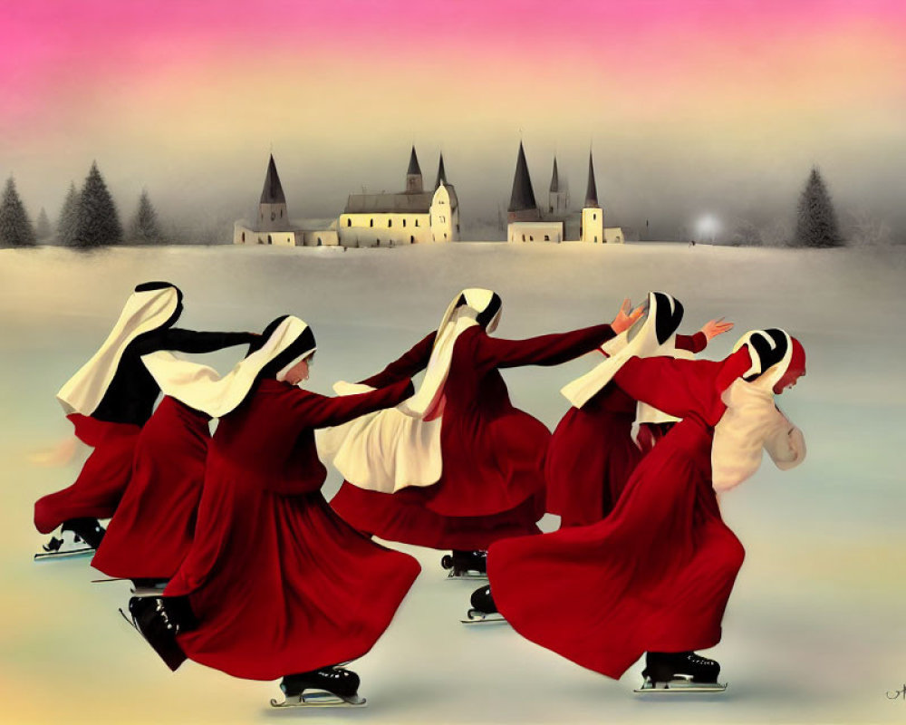 Whimsical painting of nuns ice skating at sunset