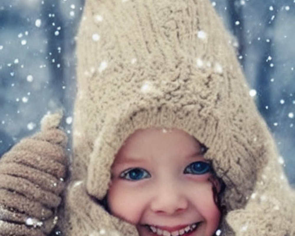Smiling child in beige hat and scarf in falling snow