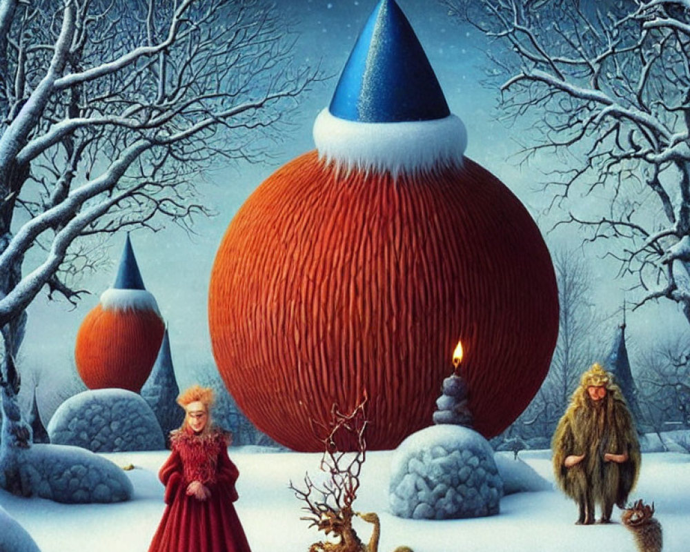 Whimsical winter scene with stylized characters and oversized candles