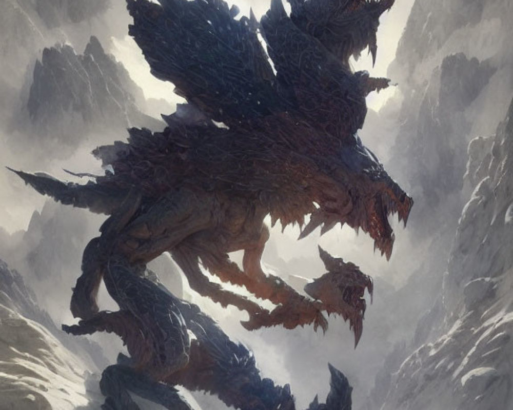 Multi-headed dragon confronts adventurers in snowy mountain pass