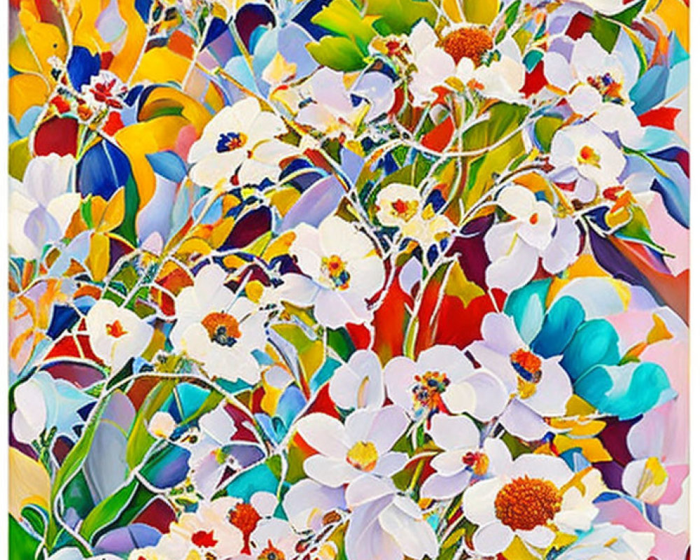 Colorful Flower Painting with White Blooms on Bright Background