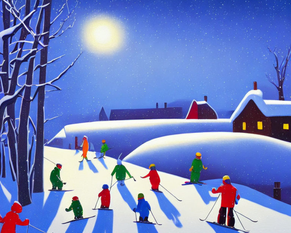 Vibrant skiers on snowy hill under moonlight