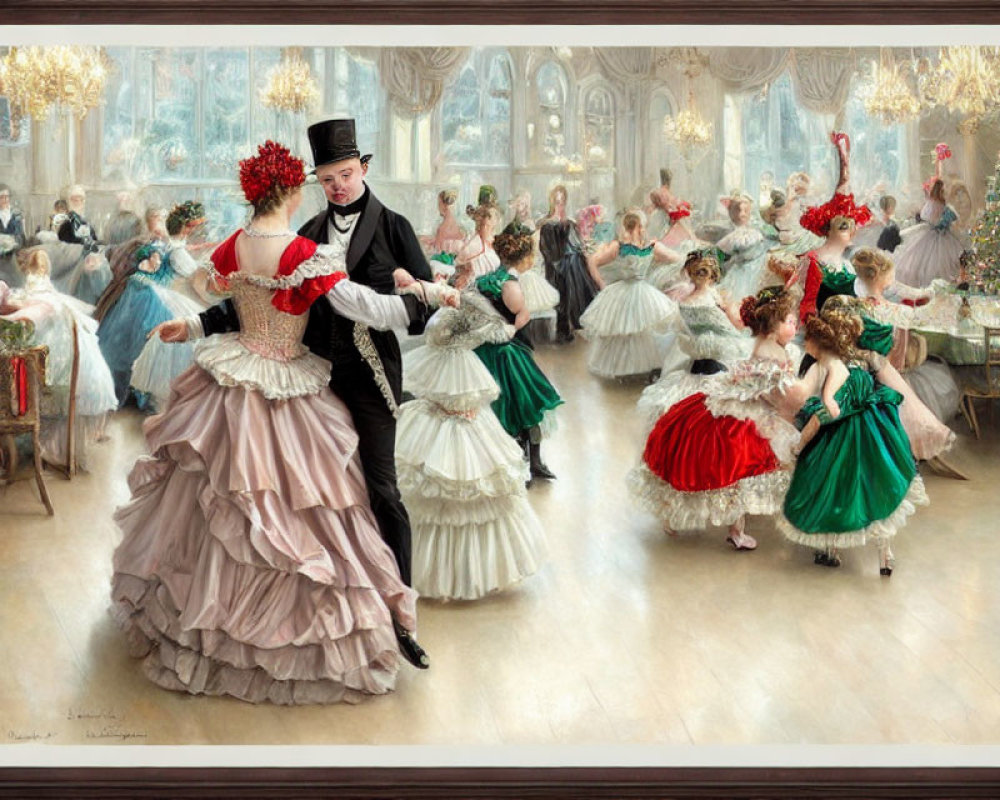 Victorian-era ballroom scene with elegantly dressed couples dancing