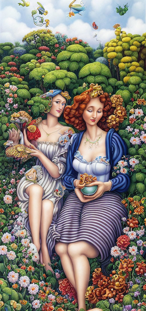 Two women in classical attire with bird and fruits in lush flora.