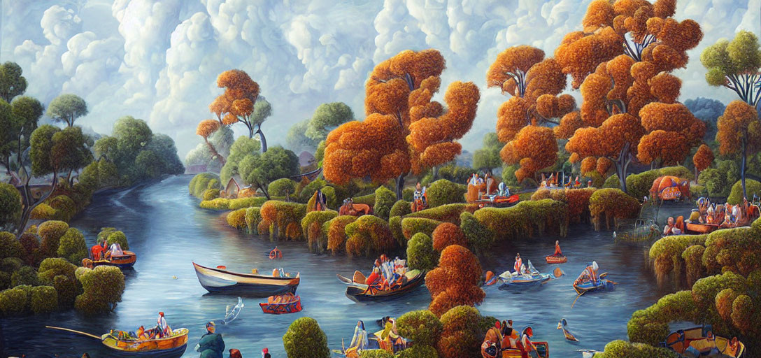 Surreal landscape with rowing boats on river and unique orange trees