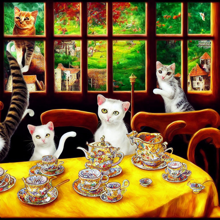 Whimsical painting of five cats at a tea party with countryside view