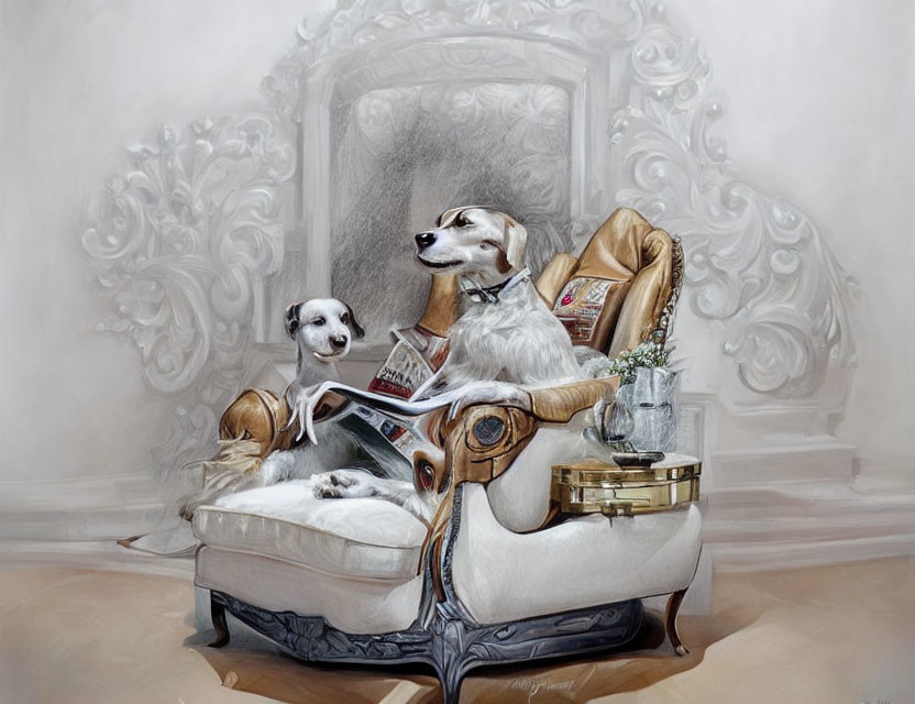 Luxurious room with elegant dogs lounging on ornate chair