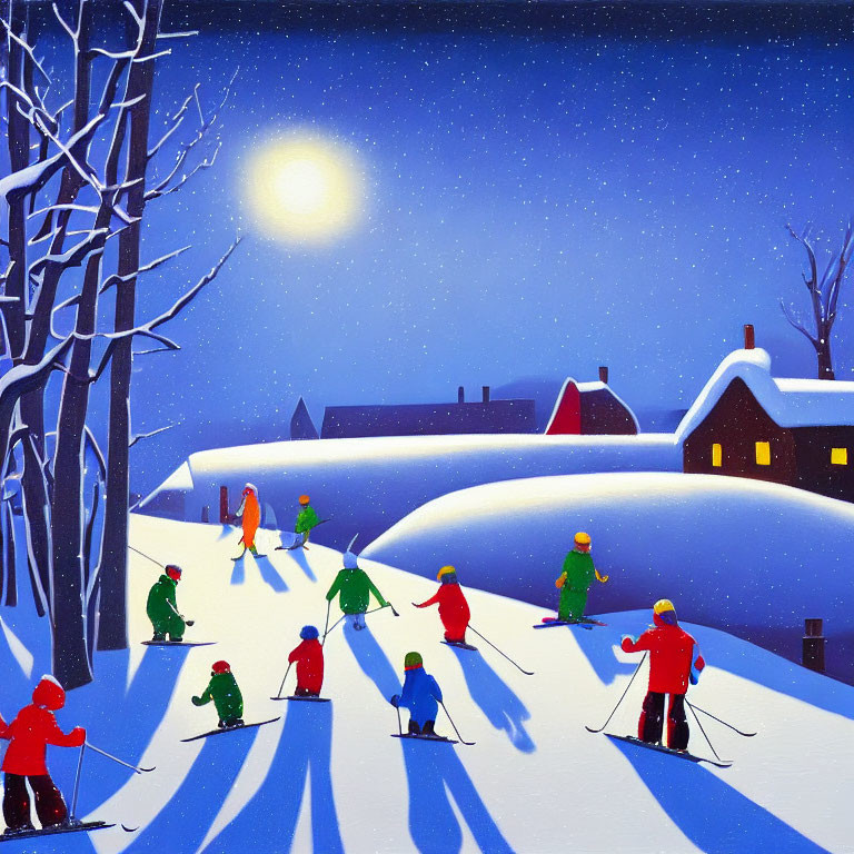 Vibrant skiers on snowy hill under moonlight