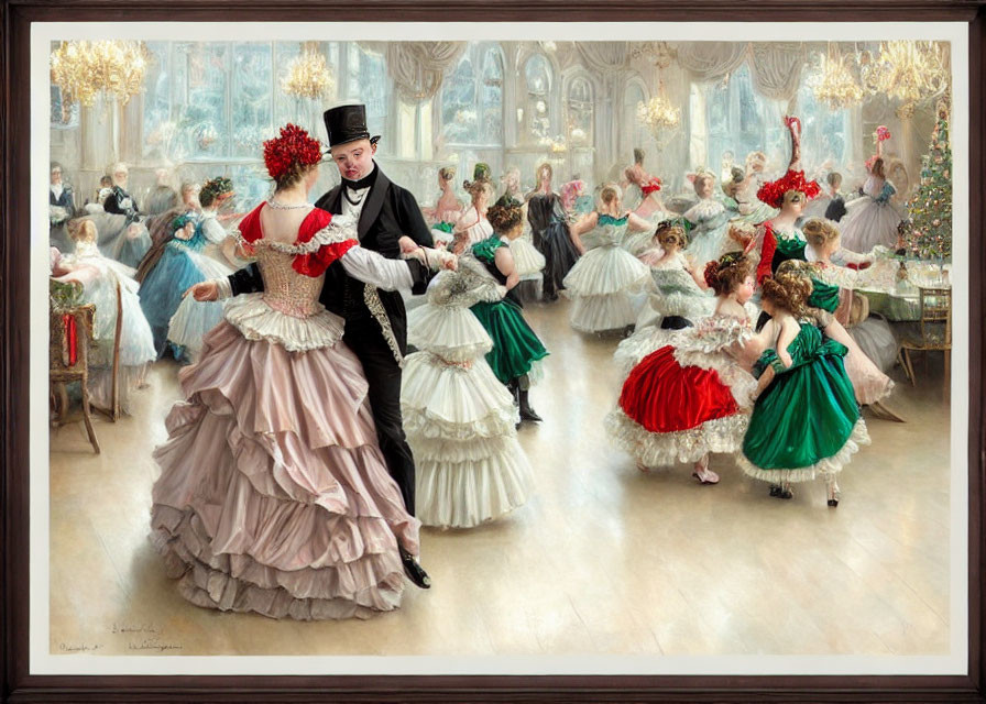 Victorian-era ballroom scene with elegantly dressed couples dancing