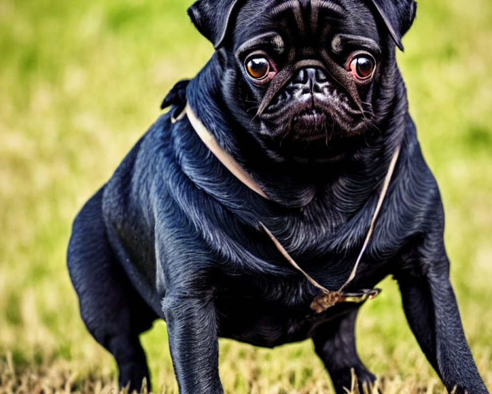 Black Pug with Glossy Coat and Collar Tag on Grass