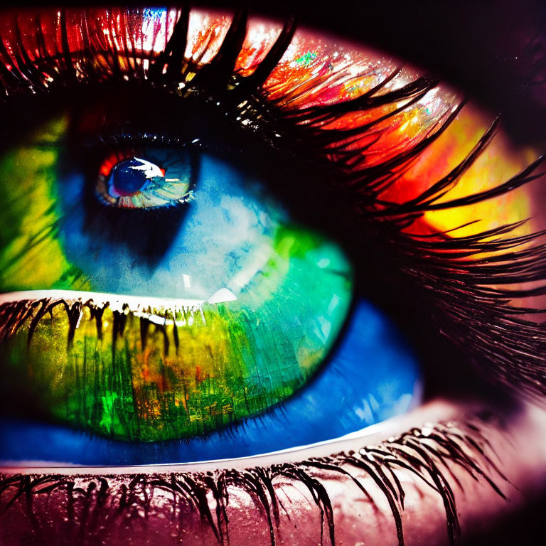 Close-up image of human eye with rainbow-colored irises and reflection of window.