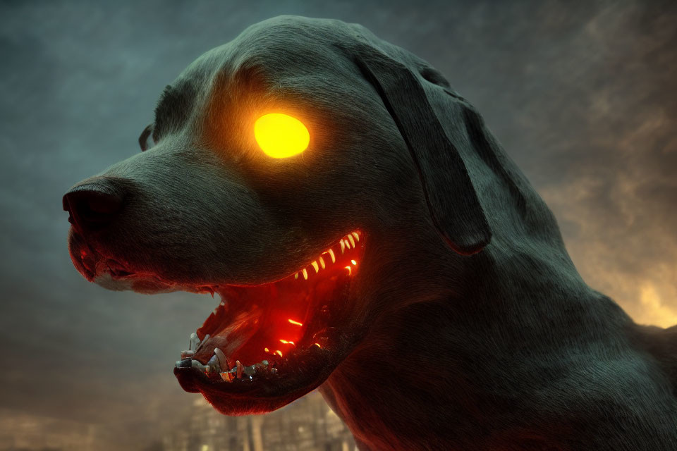 Menacing dog with glowing eyes and sharp teeth in stormy sky backdrop