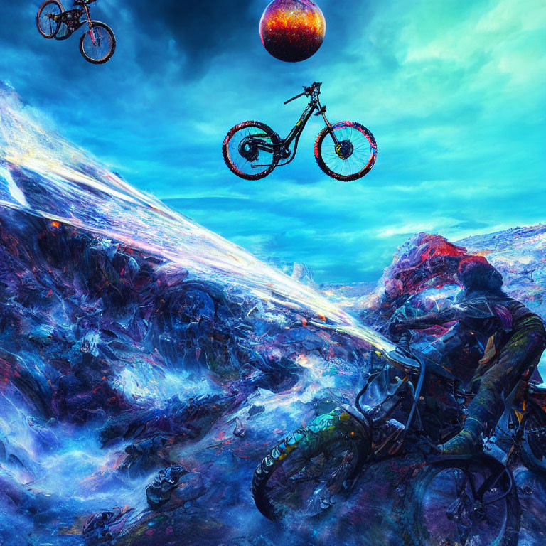 Levitating mountain bikes and person under glowing orb in surreal landscape