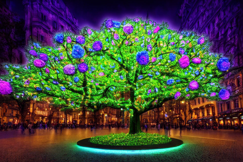 Vibrant spherical lights on illuminated tree in night cityscape