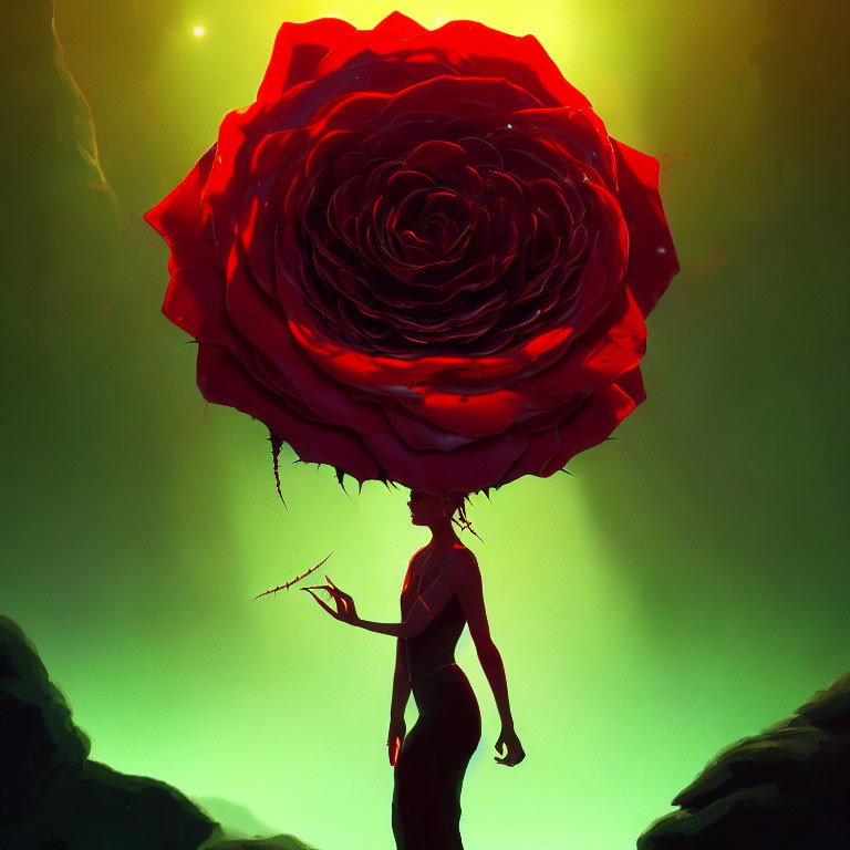 Silhouette holding giant red rose on mystical background