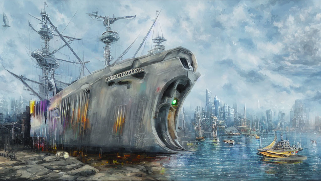 Enormous futuristic battleship stranded on beach near dystopian cityscape