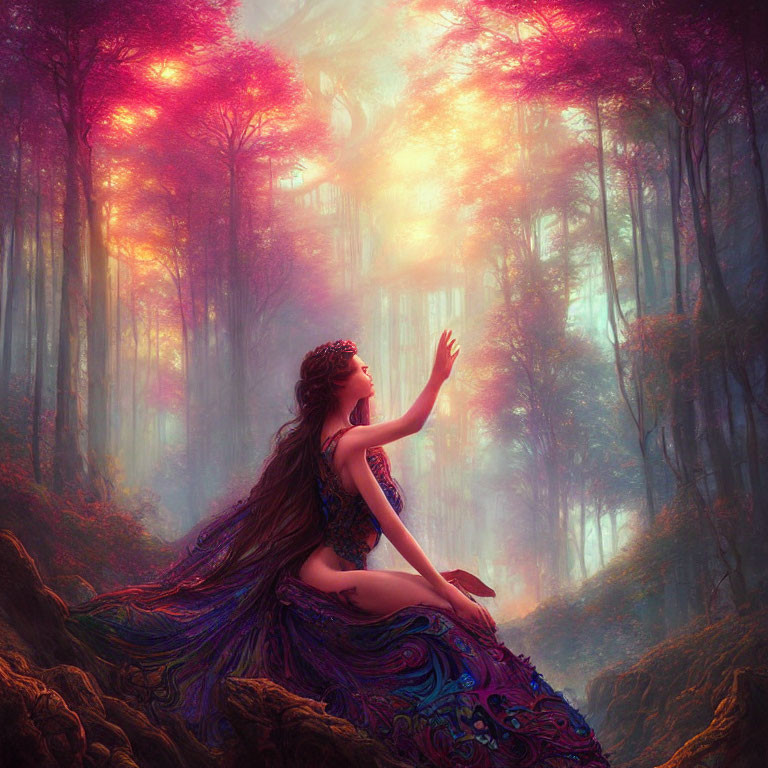 Woman in elegant dress sitting in mystical forest with pink-tinged light