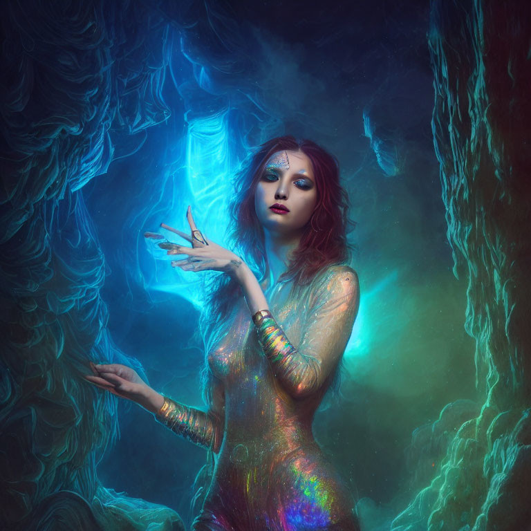 Mystical Woman with Iridescent Body Paint in Ethereal Blue Environment