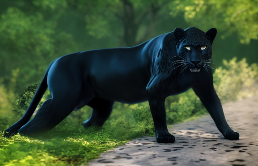 Black panther gracefully stalking in sunlit forest