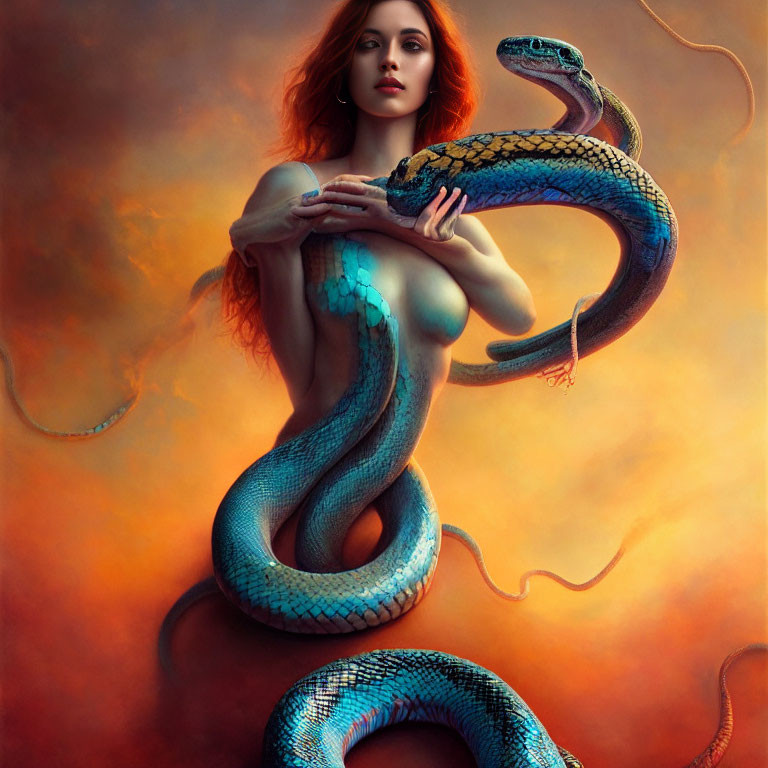 Red-haired woman with blue-scaled snake on warm-toned backdrop