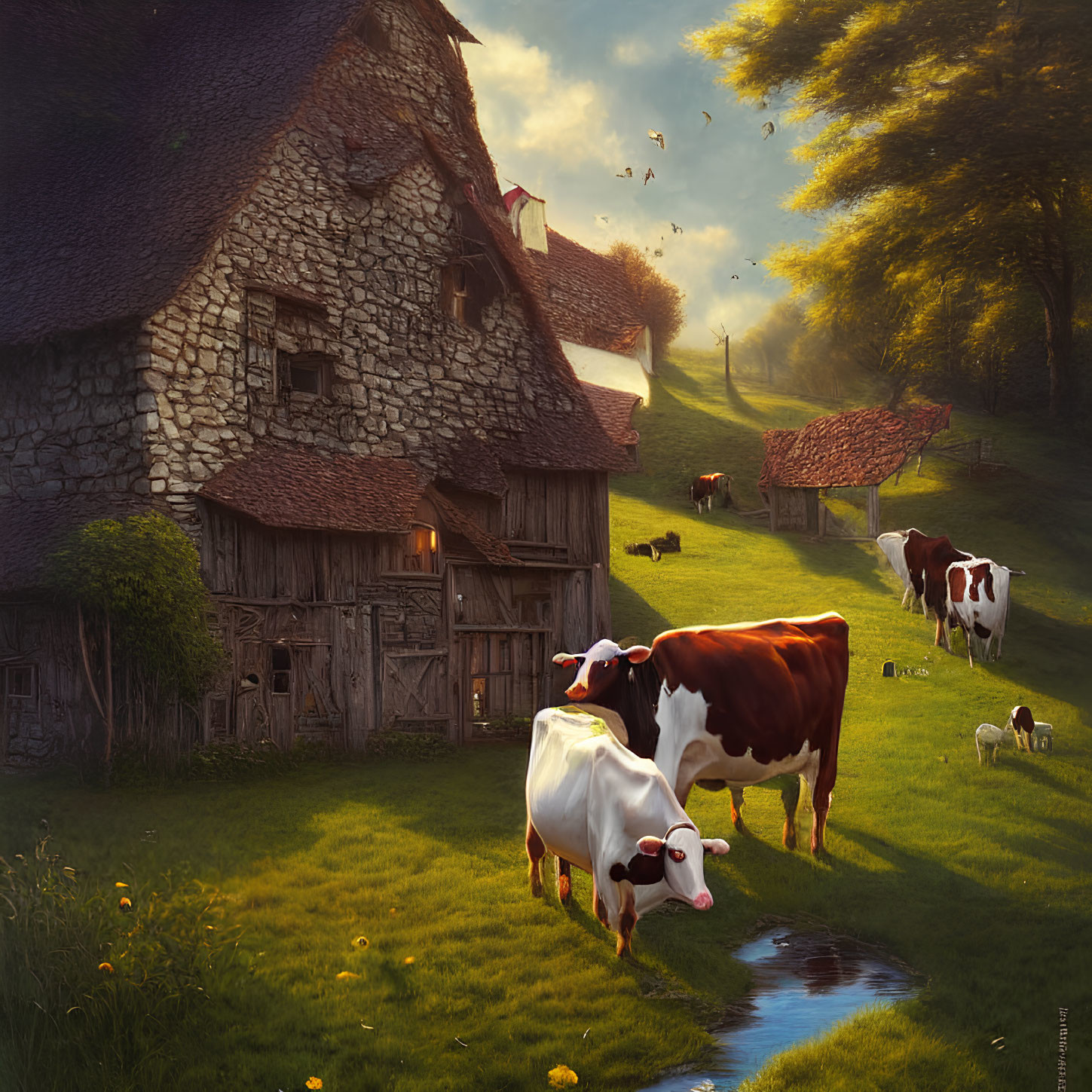 Tranquil countryside with grazing cows, stone cottage, birds, and lush greenery