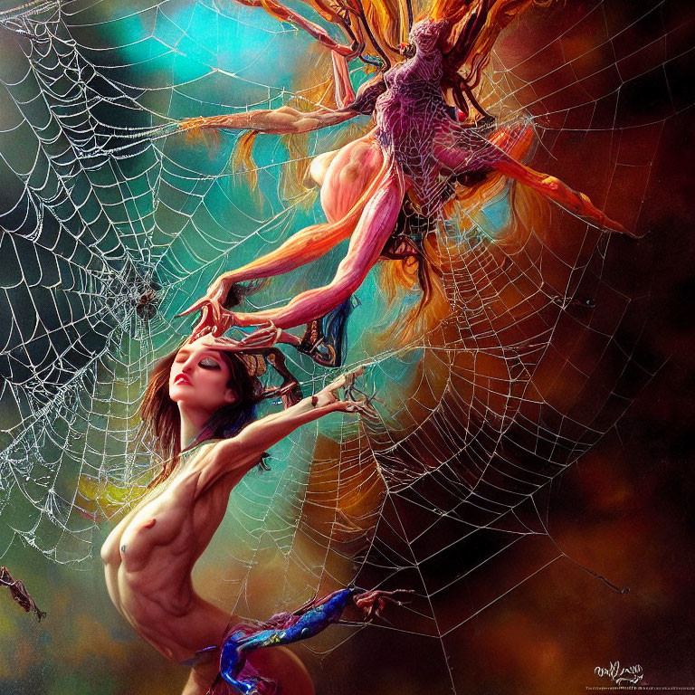 Fantastical painting of woman in spider's web with colorful spider creature