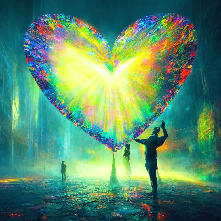 Colorful Heart Hovering Above Figure in Ethereal Space