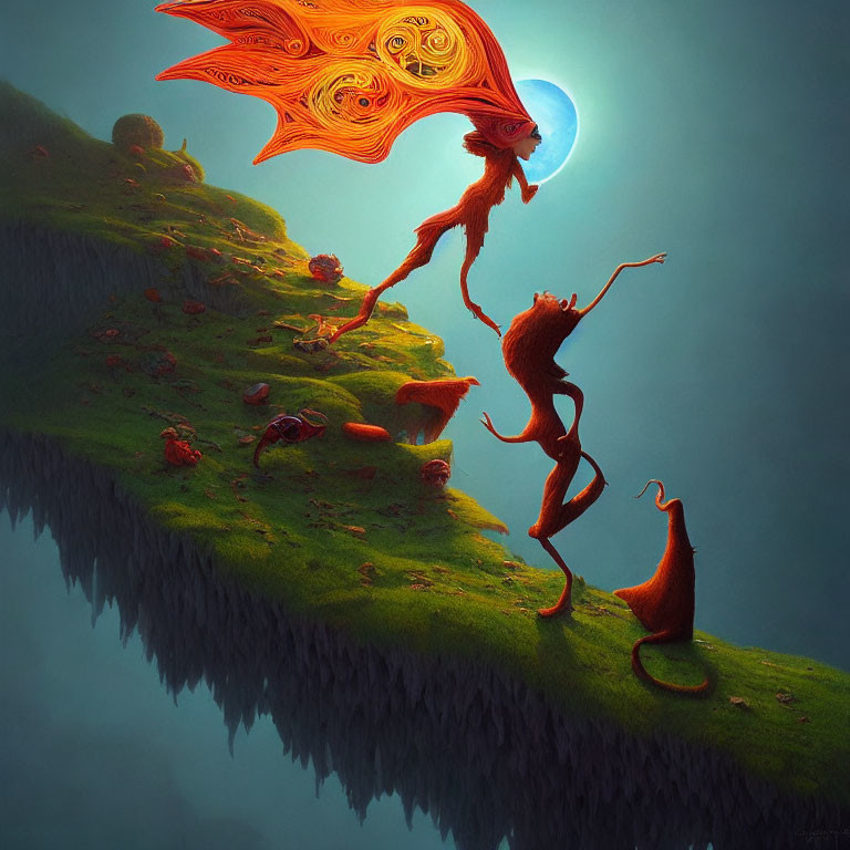 Whimsical orange creatures on floating landmass under crescent moon