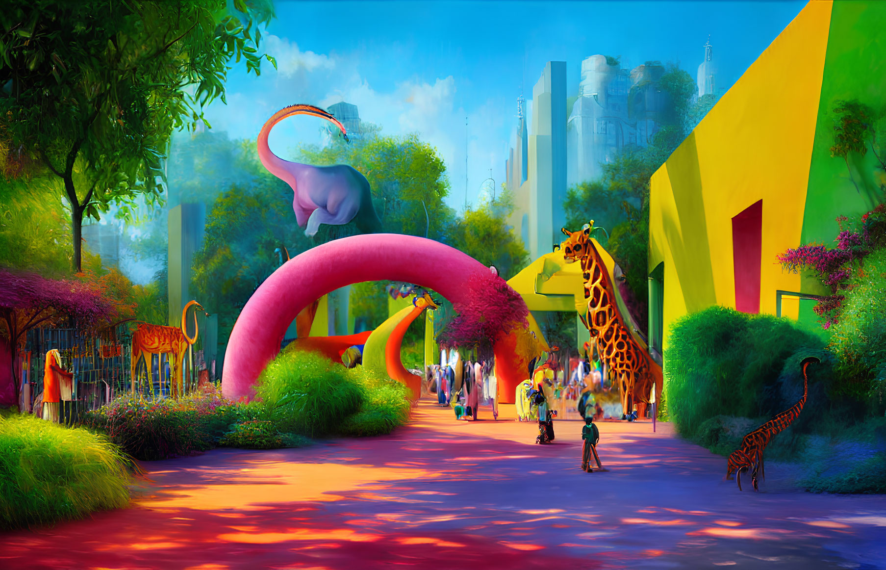 Colorful street scene with oversized animals and city skyscrapers