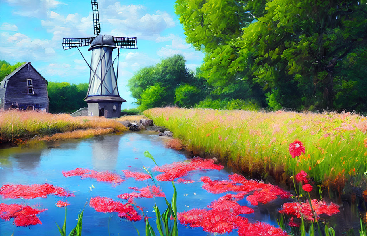 Scenic landscape painting with windmill, stream, trees, and red flowers