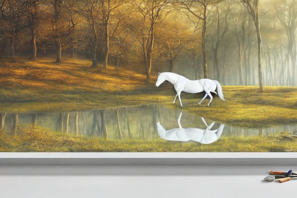 White horse near forest pond with reflection and pair of legs visible.