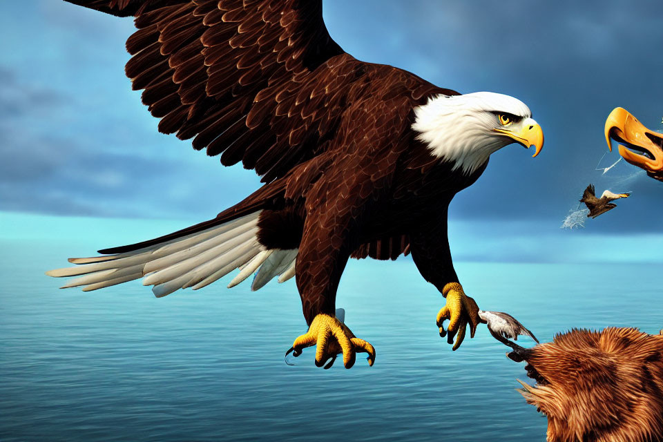 Majestic bald eagle flying over water with extended talons