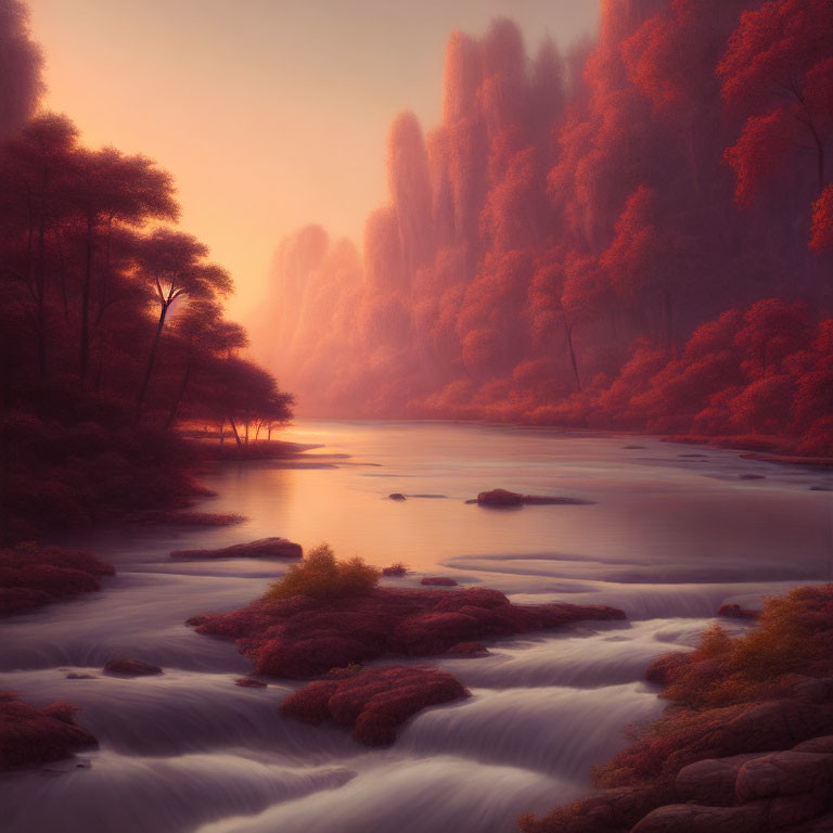 Ethereal autumn landscape with smooth river and red foliage trees