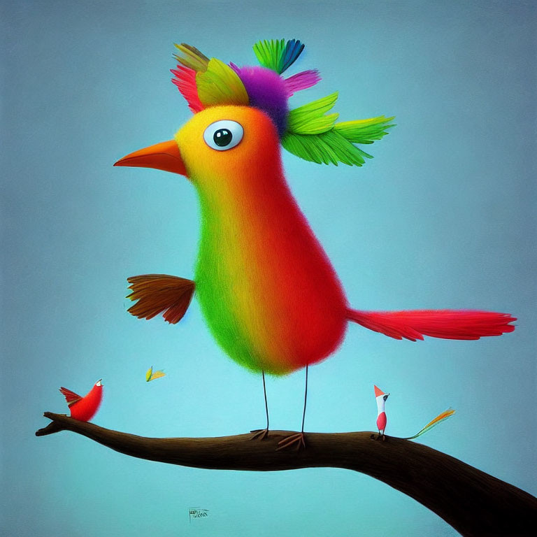 Colorful Rainbow Bird Perched with Two Red Birds